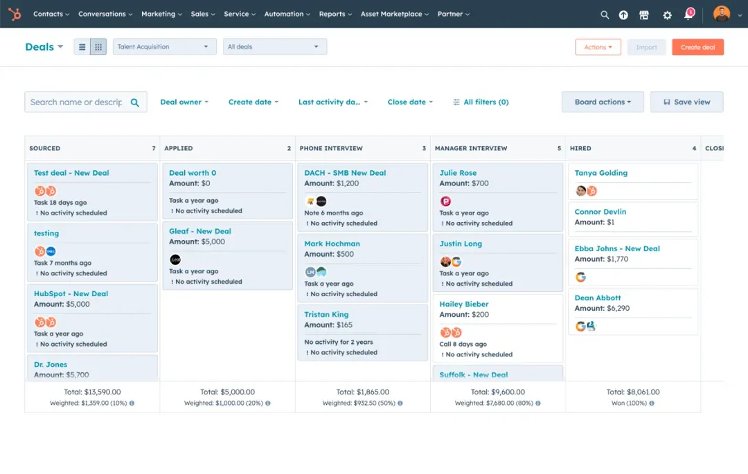 Kanban view of deals in the hubspot